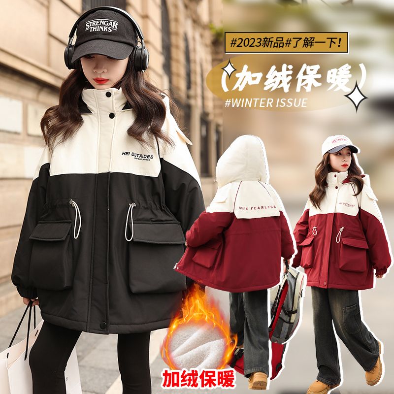 棉服女童外套秋冬款2023新款加绒加厚儿童冬装女大童冬季派克服