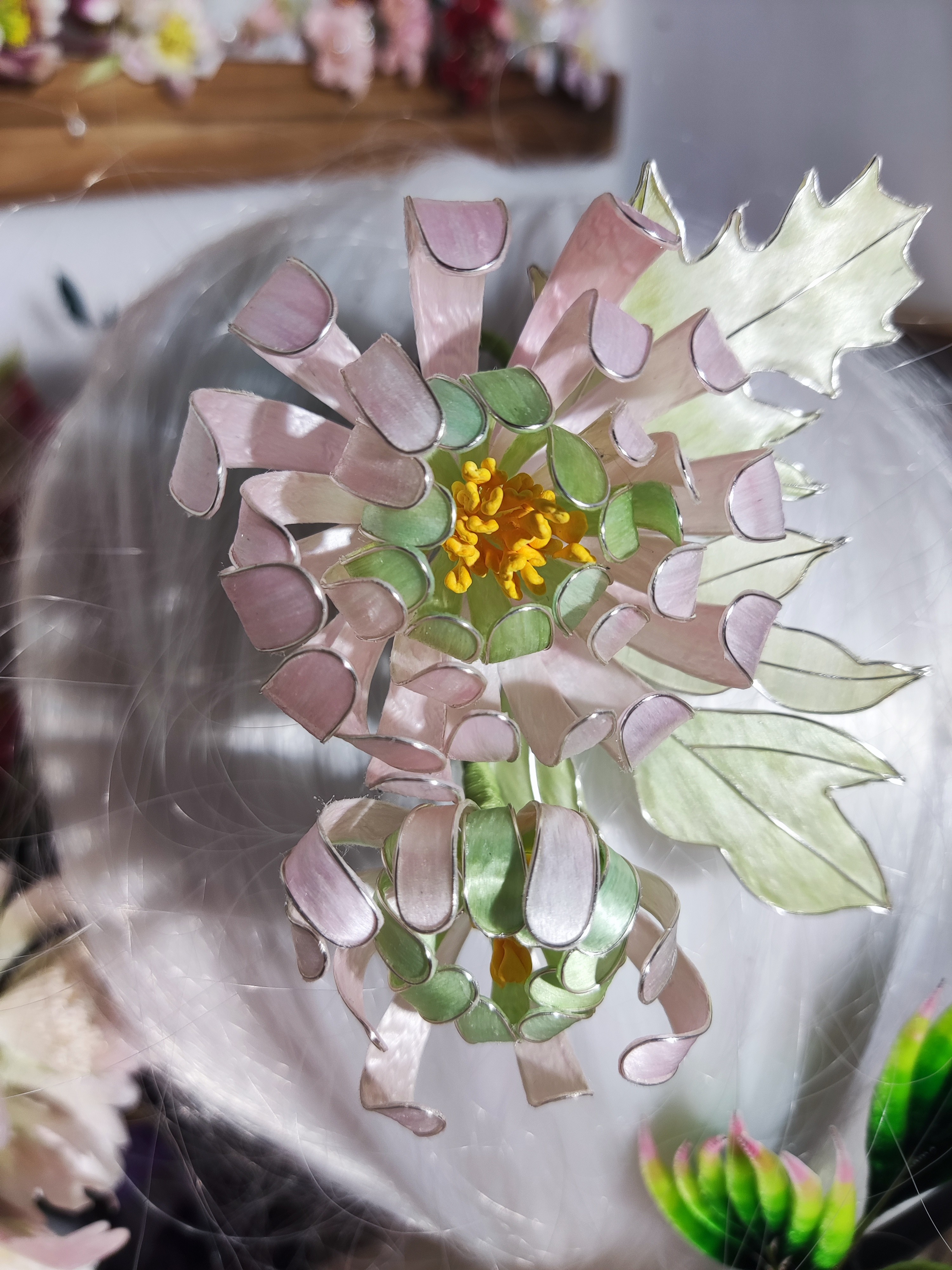 【166】粉绿渐变掐丝菊花，非遗绒花发饰