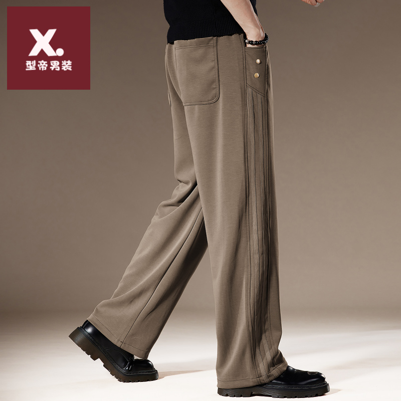 高端美式复古潮牌裤子男秋冬加绒侧条纹宽松运动直筒阔腿休闲裤男