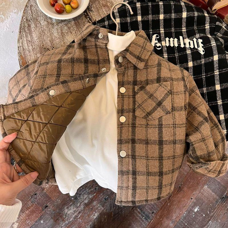 男女童格子夹棉毛呢加厚外套潮2024秋冬新品中小儿童字母印花长袖