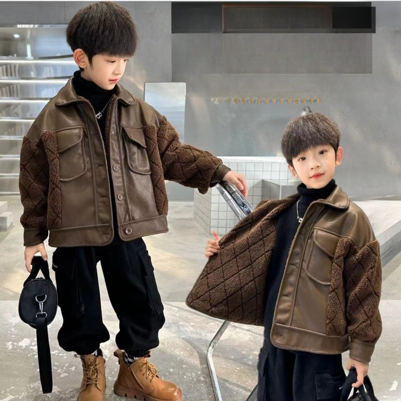 男童加绒炸街机车皮衣2024新款儿童冬装帅气皮夹克儿童厚痞帅洋气