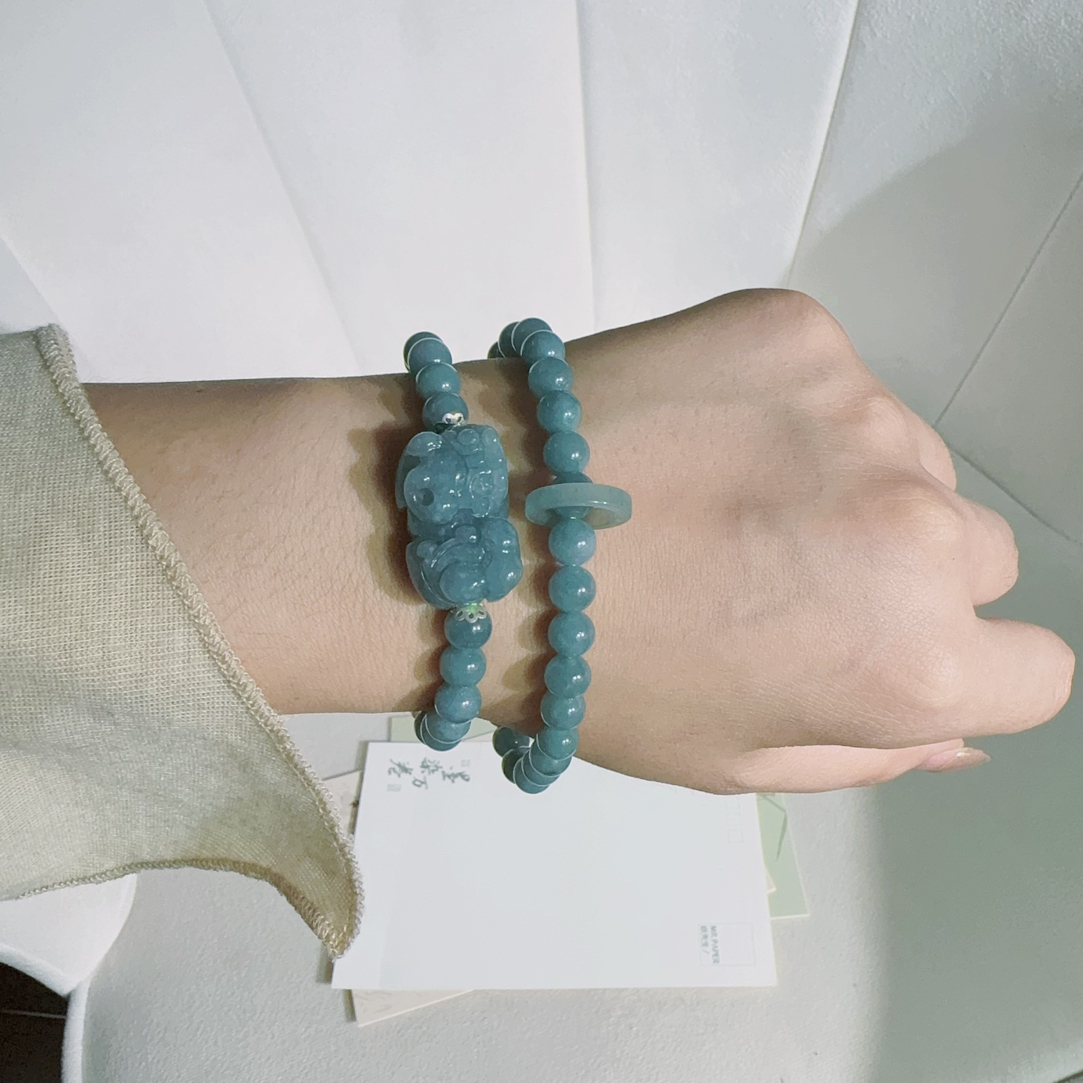 天然A货翡翠貔貅手链两圈手串男女款冰蓝色女士百搭珠串气质精美