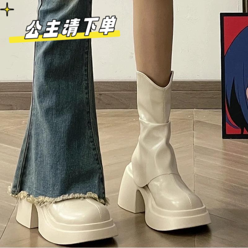 【公主请下单】白色马丁靴女春秋厚底粗跟短靴高跟弹力靴后拉链瘦
