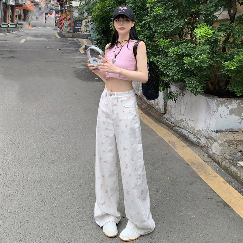 REDR新款白色碎花牛仔裤女春夏高腰显瘦宽松垂感直筒印花休闲裤子