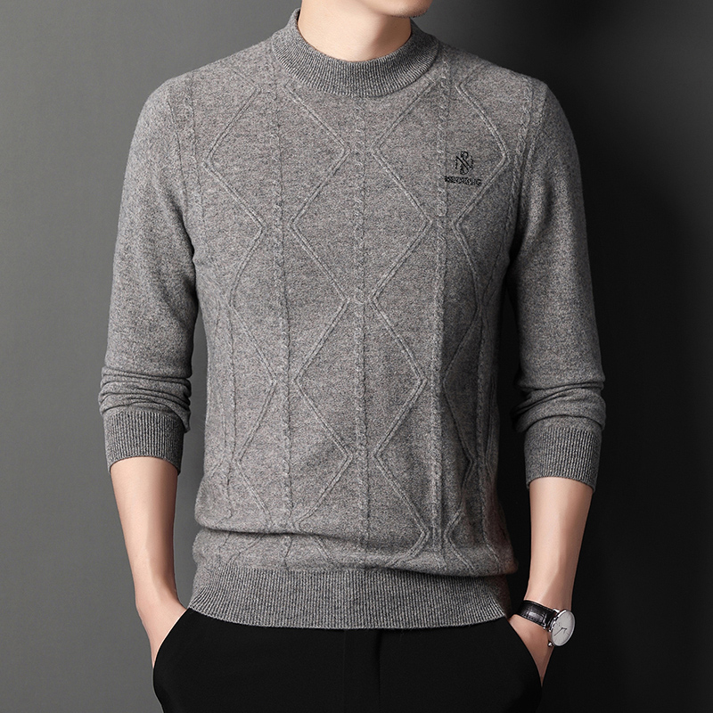 100%纯羊毛男士秋冬季羊毛衫高档修身保暖中青年提花针织衫百搭