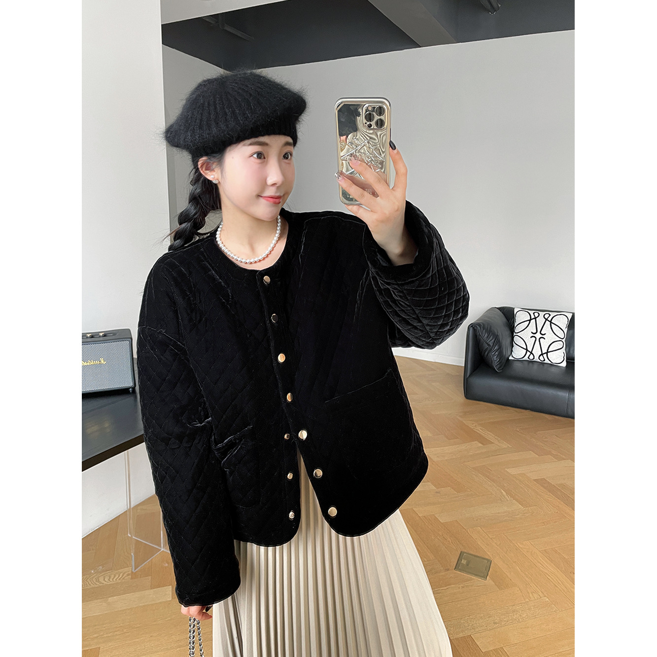 法式丝绒复古小香风棉服外套女2023冬季新款韩版圆领保暖开衫6092