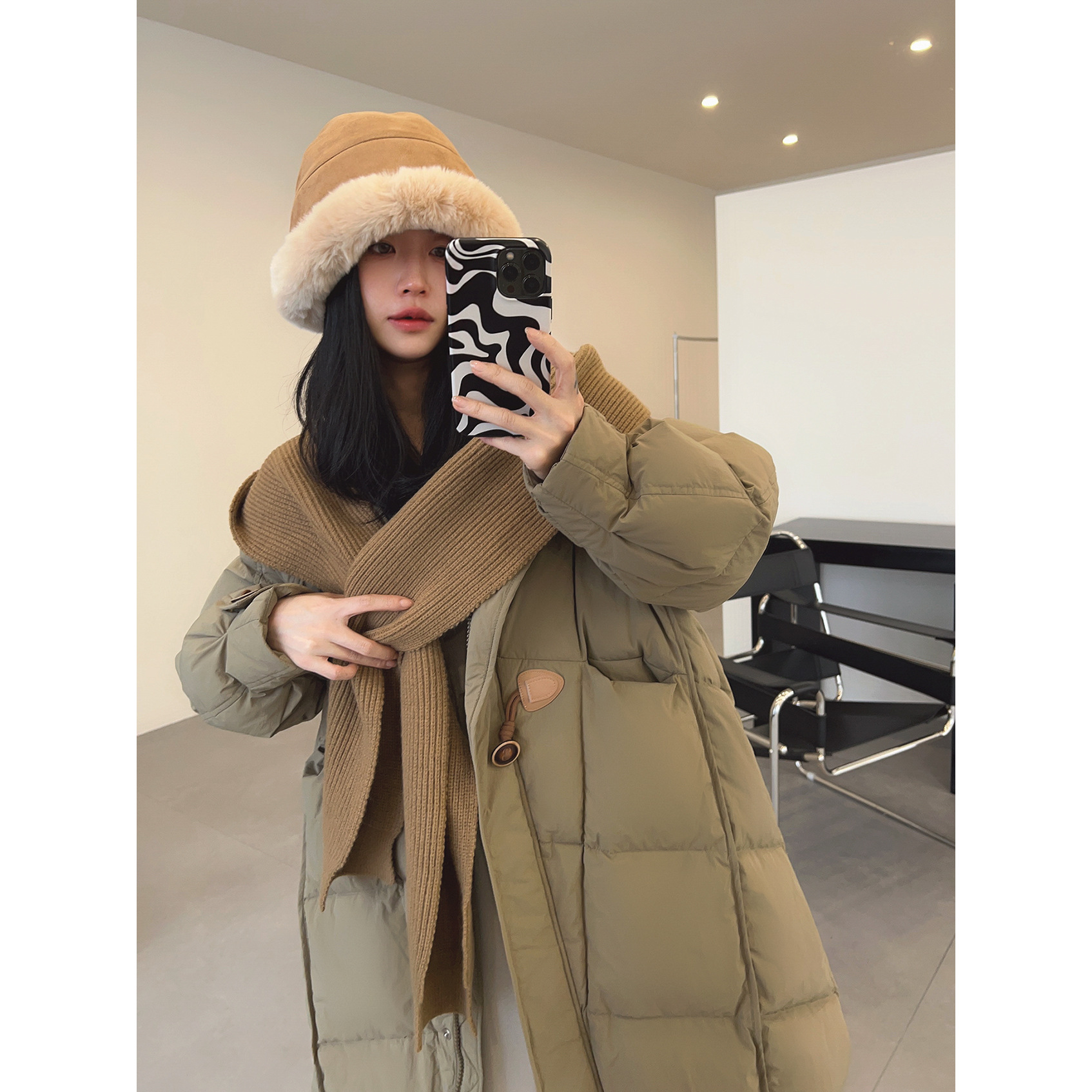 3色 90白鸭绒针织帽羽绒服 韩版A字乖巧长款长袖冬新羽绒外套