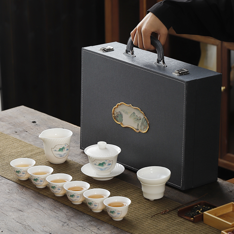 泓顺茗器德化茶具全套家用高档描金羊脂玉防烫盖碗茶杯套组礼盒装
