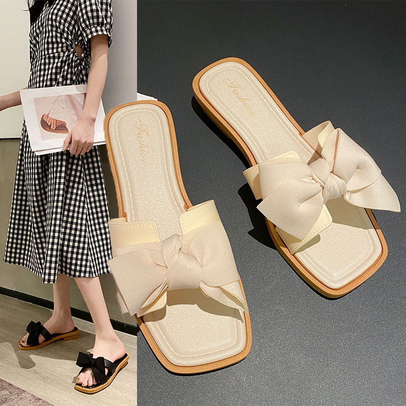 时尚高跟布艺蝴蝶结3CM中跟拖鞋女网红ins蝴蝶结凉拖鞋女外穿时尚