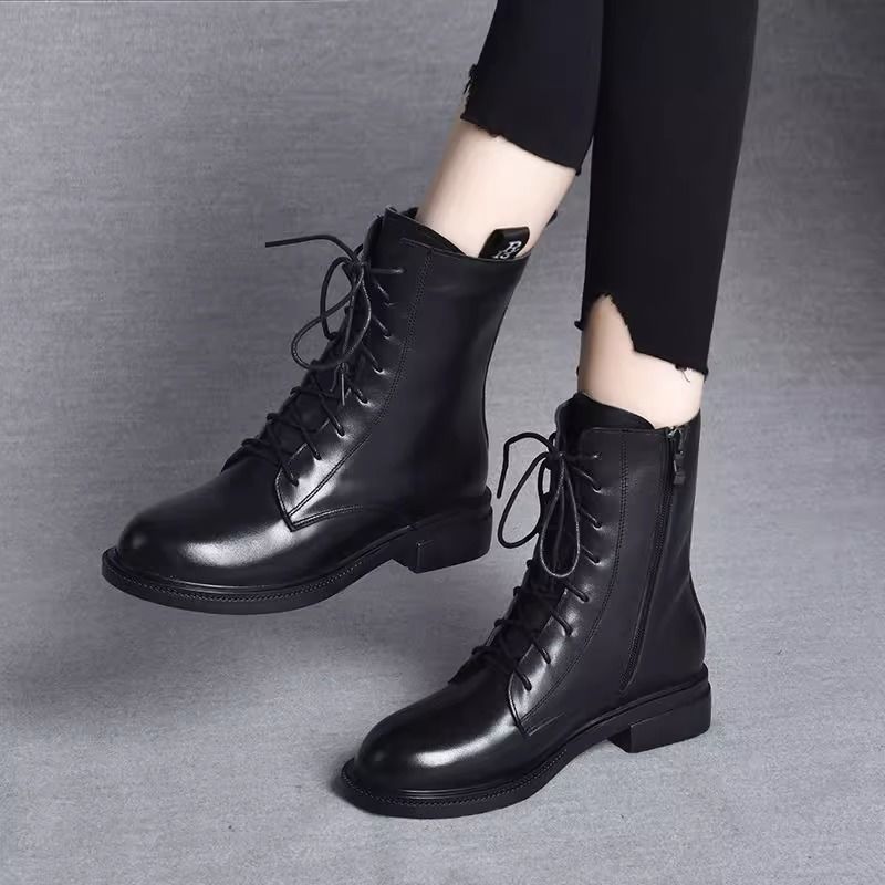 真皮中跟马丁靴女2025新款秋冬季加绒网红平底短靴妈妈软底中筒靴