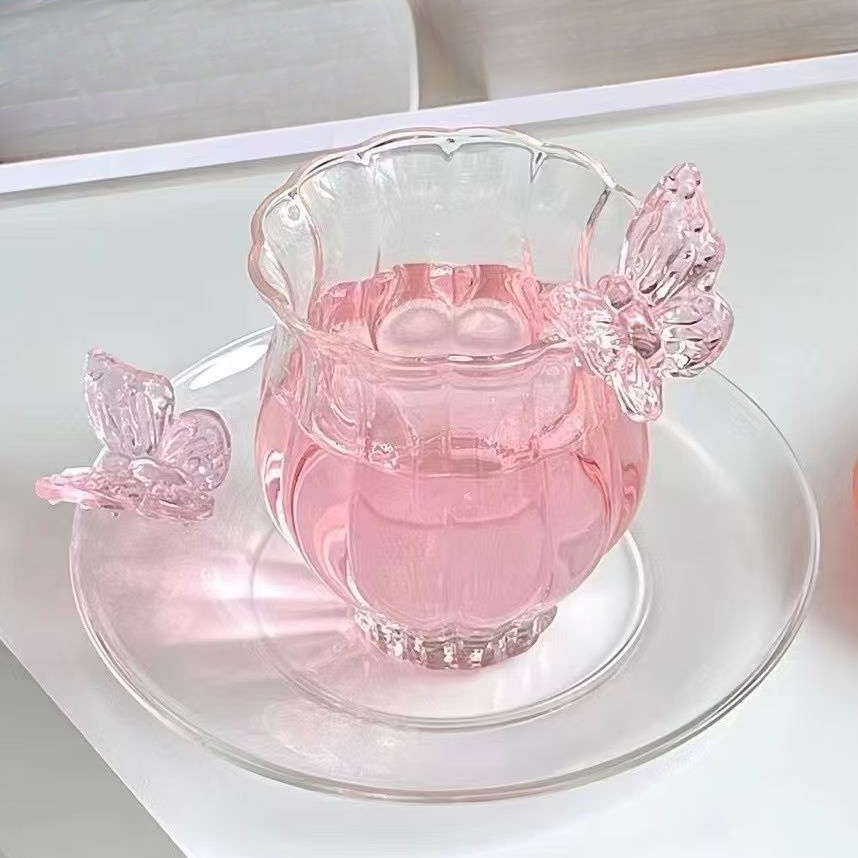 十载爱棠蝴蝶品茗杯莲花水仙品杯高硼硅玻璃耐热玻璃果汁杯奶茶杯