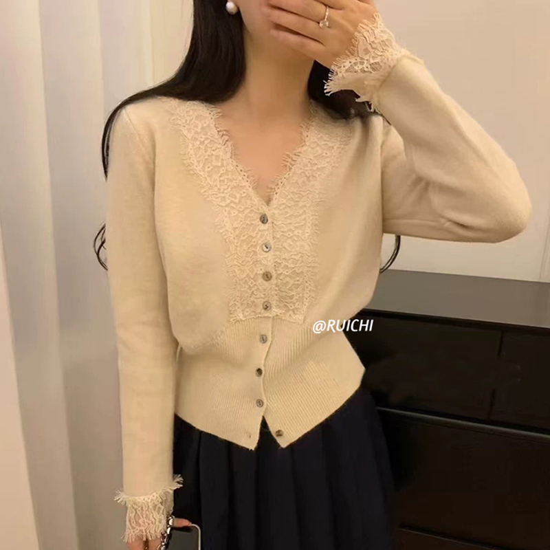 高级感2025秋季新款蕾丝拼接V领百搭显瘦针织开衫长袖上衣洋气  