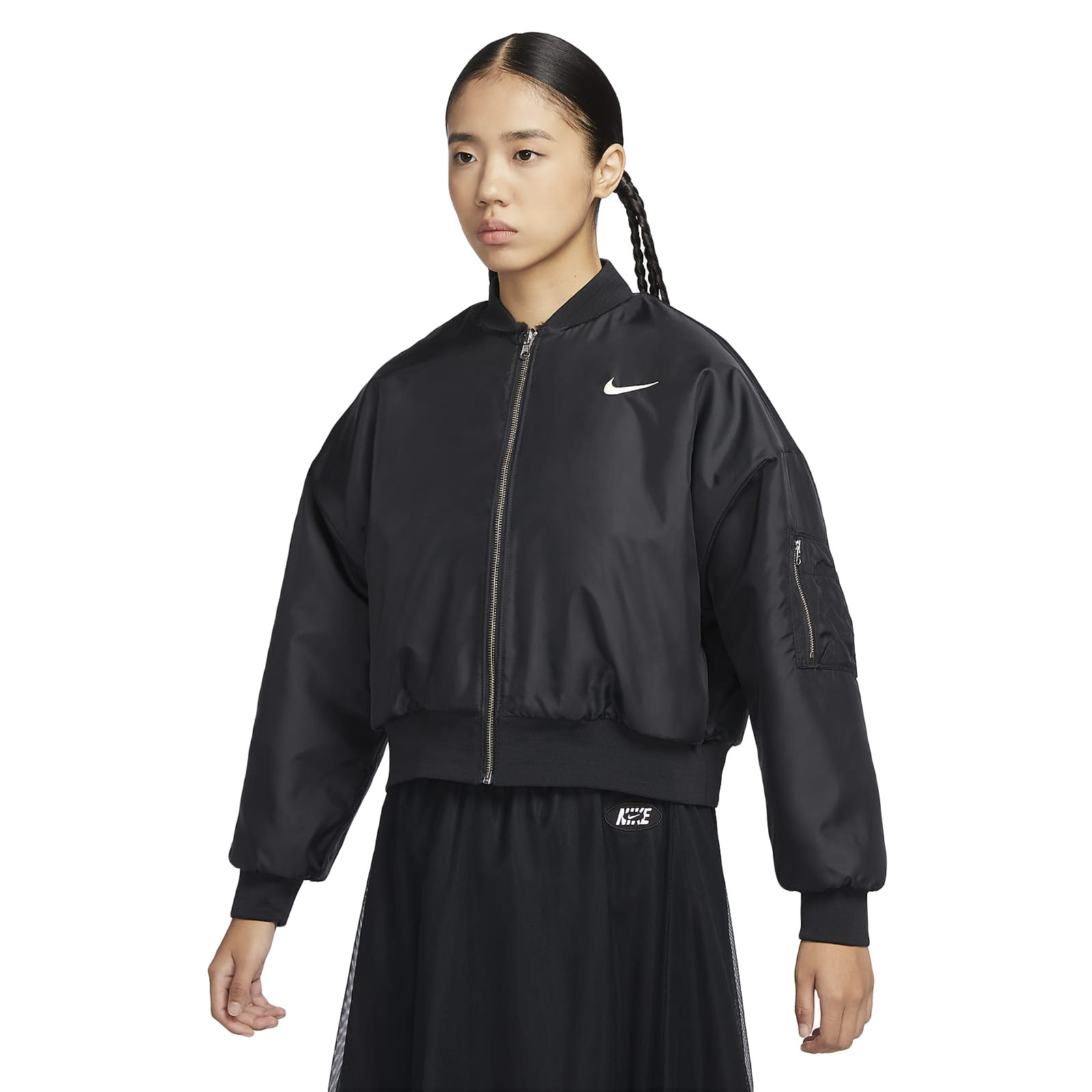 Nike纯色棒球领毛绒两面穿人造皮毛夹克 女款 黑色FB8693-010