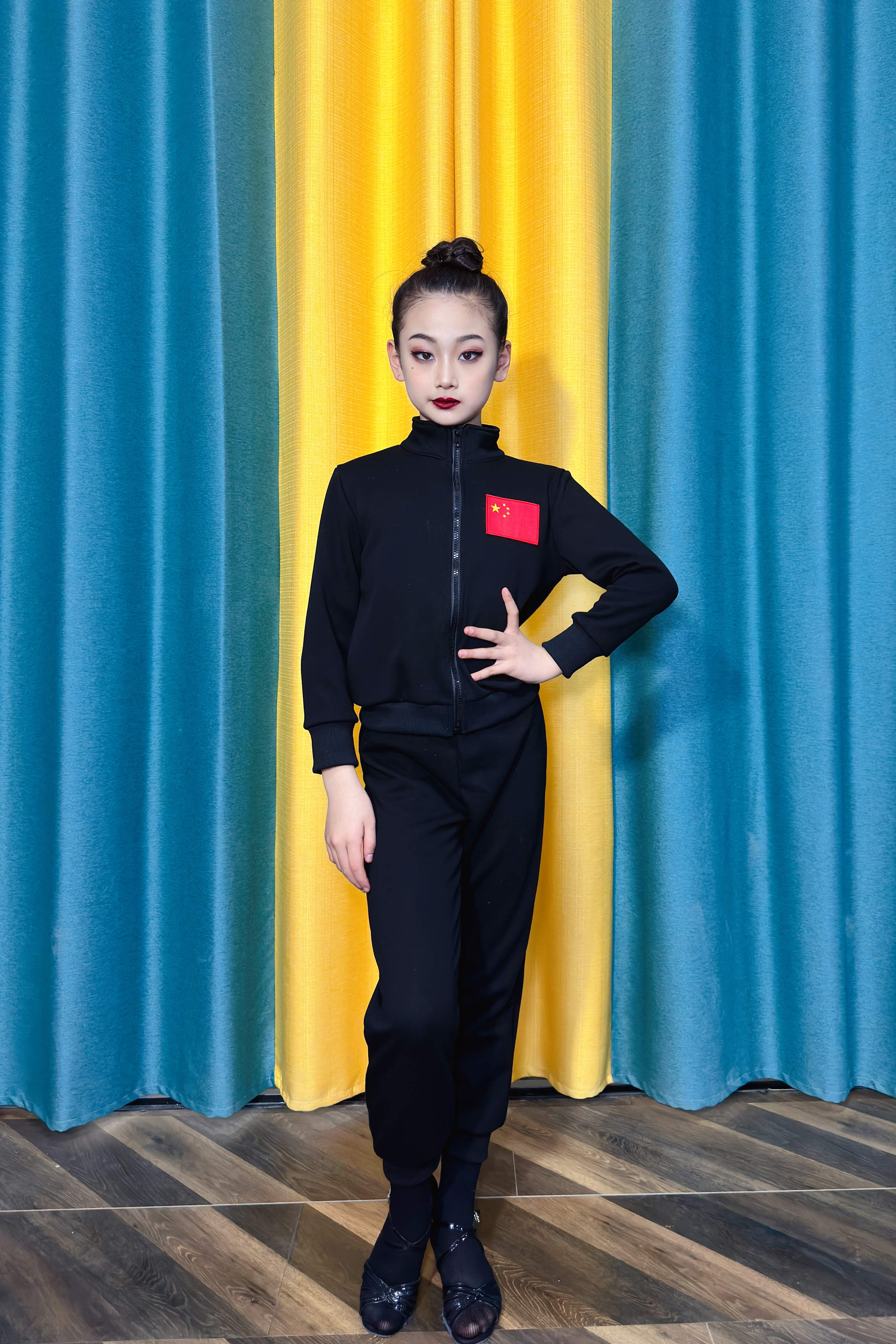 拉丁艺考服装 拉丁练功服 拉丁舞班服队服 加厚加绒 黑色中国风