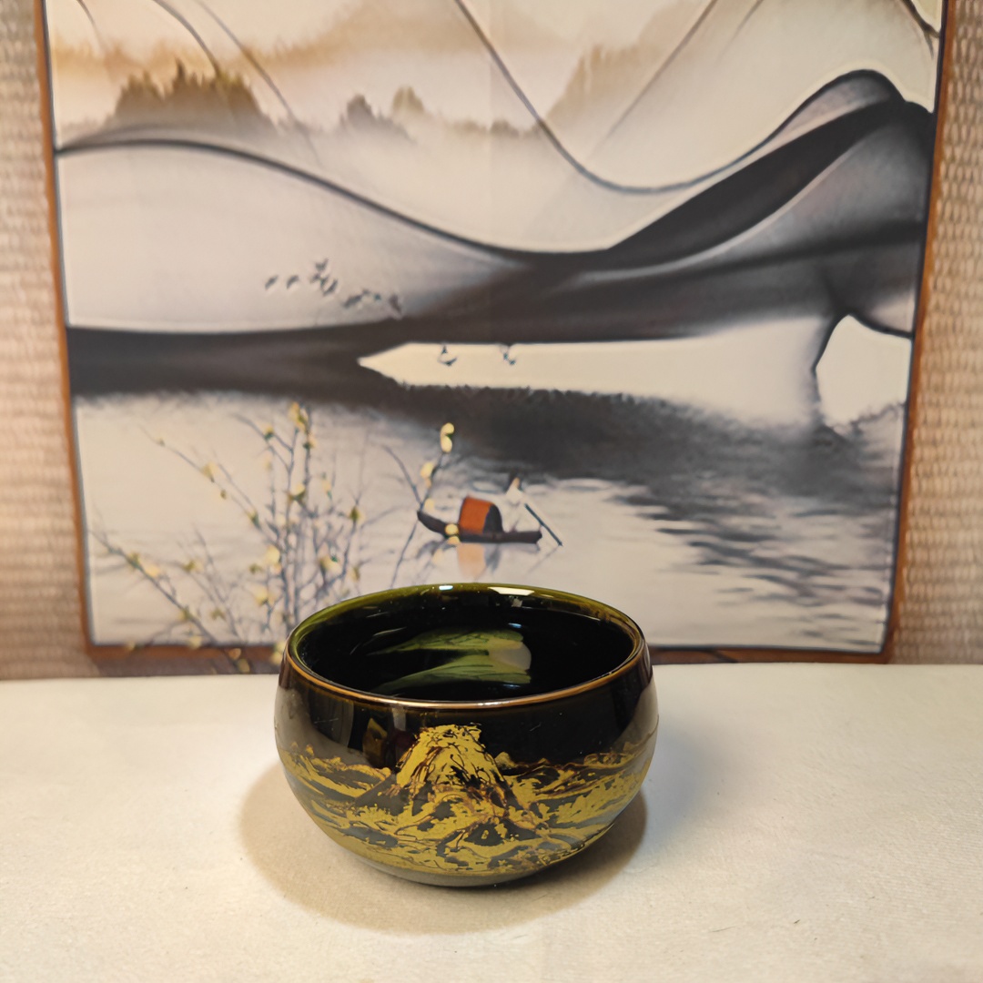 建盏茶盏乌木千里江山功夫主人杯品茗杯喝茶杯纯手工锤纹手绘黑色