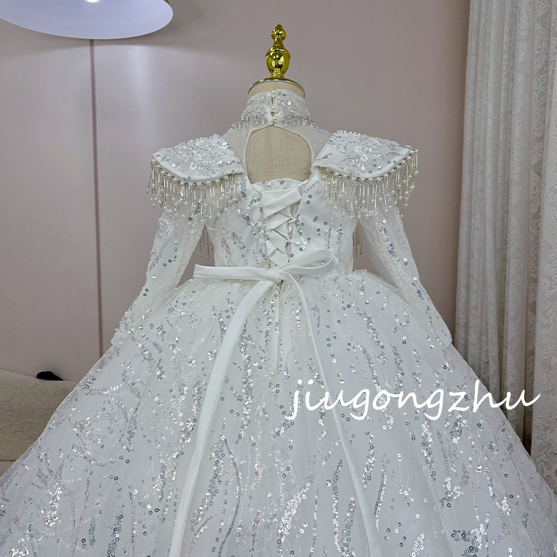 【白金战袍】儿童礼服高定白色洋气长袖冬季花童走秀生日女童婚礼