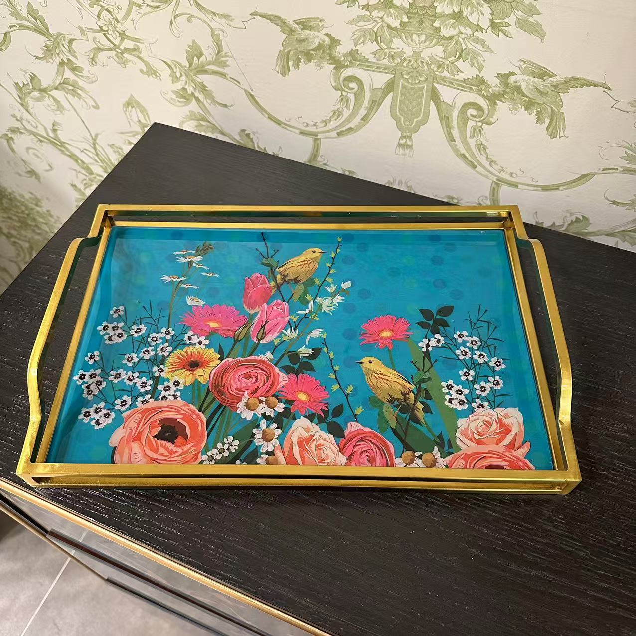 琉璃方形装饰盘金边果盘花草家居工艺品