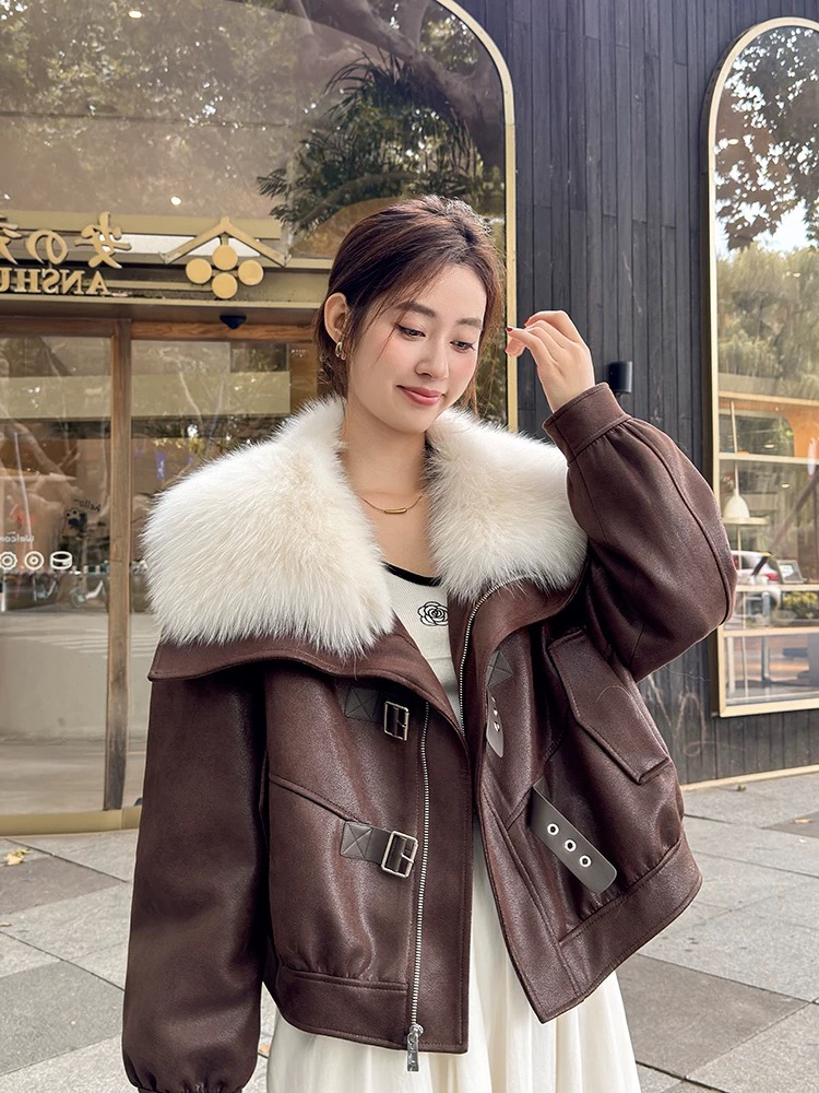 XIN YINGJIA2024冬款麂皮绒狐狸毛鹅绒羽绒皮毛一体外套