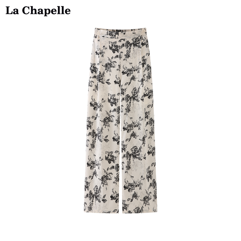 拉夏贝尔LaChapelle高腰半松紧大花阔腿休闲裤春款百搭显瘦长裤