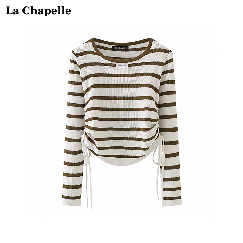 拉夏贝尔LaChapelle抽绳条纹针织女圆领休闲长袖T恤打底上衣春