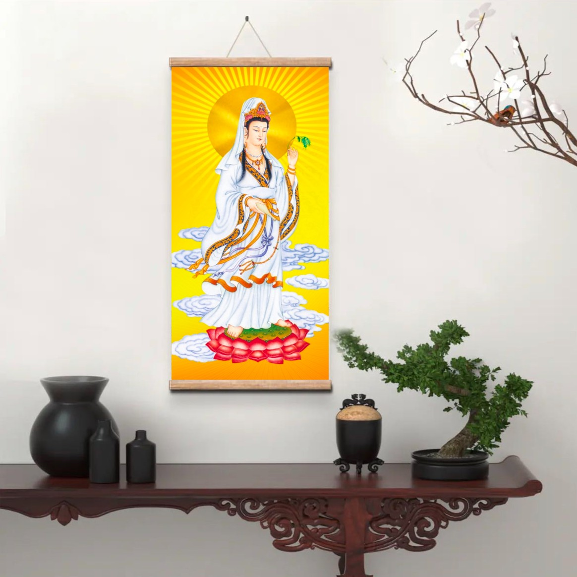 观音菩萨挂画禅意卷轴画佛经装饰画观音像玄关客厅过道实木挂轴画