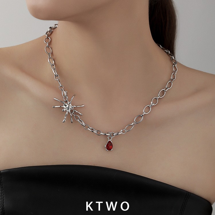ktwo 合金项链 蜘蛛红色石头项链女时尚ins嘻哈卫衣链小众锁骨链