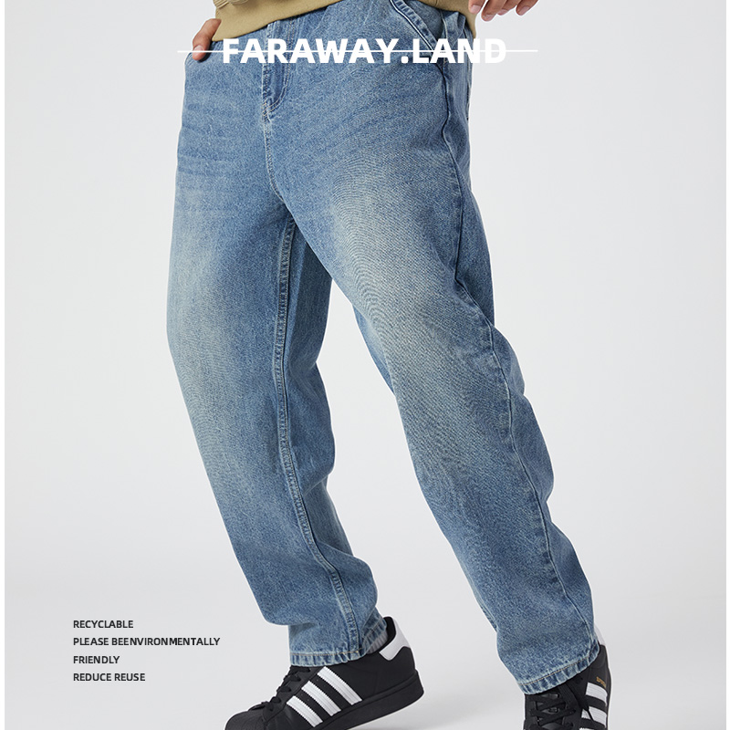 秋季复古水洗宽松牛仔裤新款松紧休闲裤百搭情侣潮流时尚男士裤子