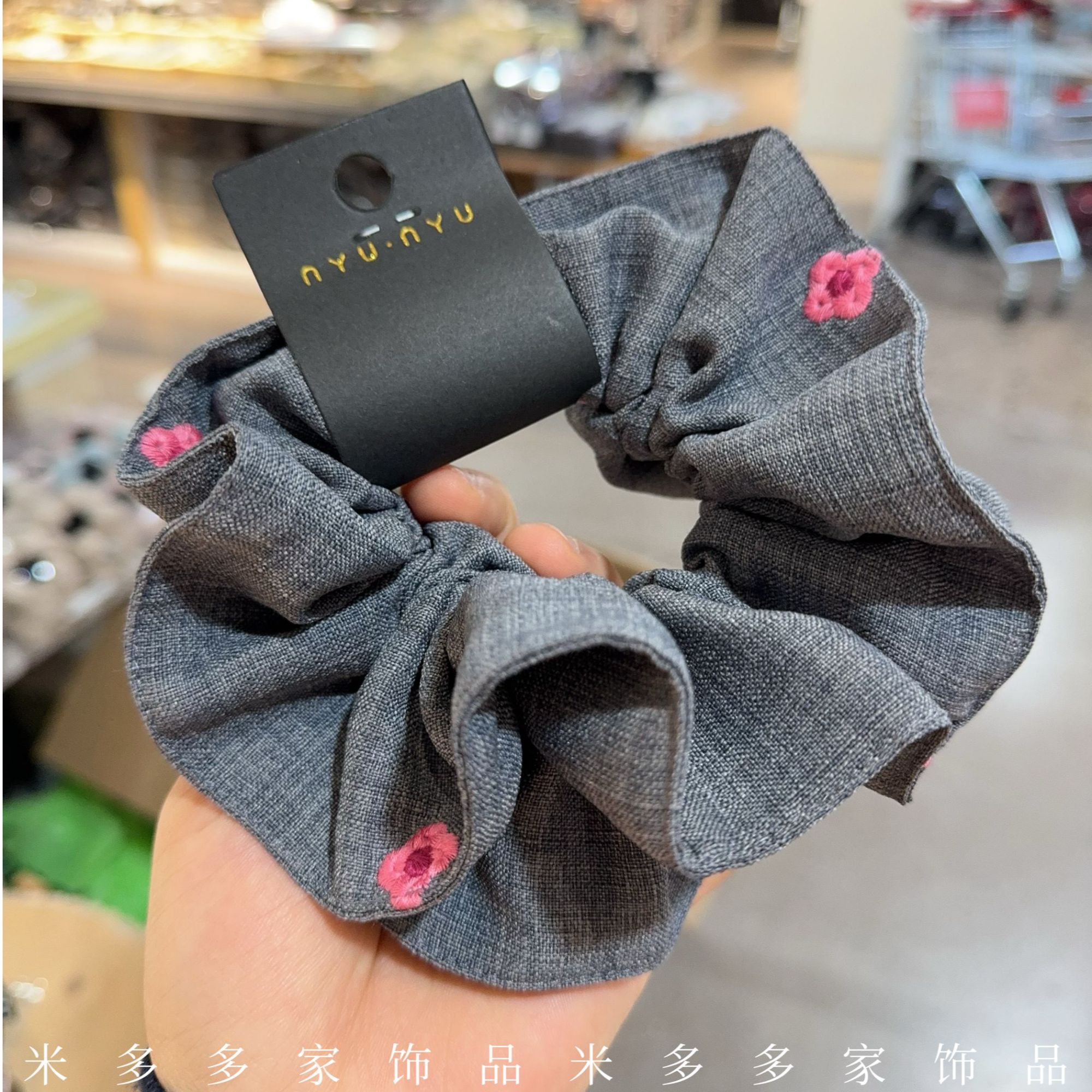 韩国发饰新款高级精致优雅气质灰西服料刺绣花朵小香风大肠圈发圈