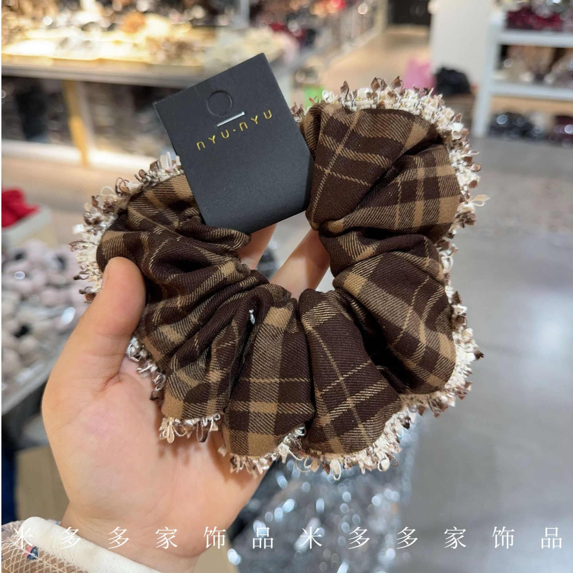 百搭ins风韩国头饰发饰小众饰品大号发绳头绳咖色格子大肠发圈