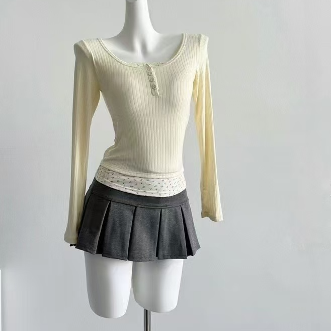 直播中去拍秋冬女装打底显瘦高腰白色短款时尚百搭女士假两件修身