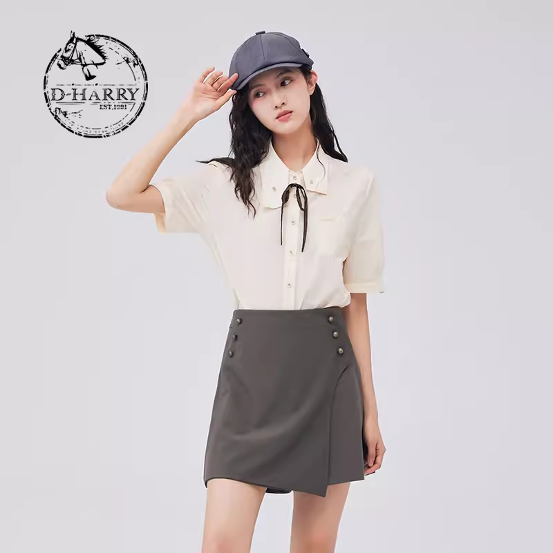 D-HARRY/迪哈利2023秋新款复古学院米色短款短袖衬衫DH233D96293D