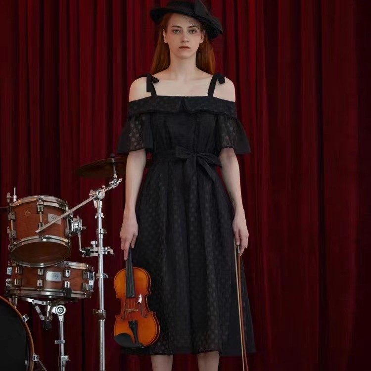 D-HARRY/迪哈利夏季新品黑色连衣裙复古中长裙女DH222J95102D