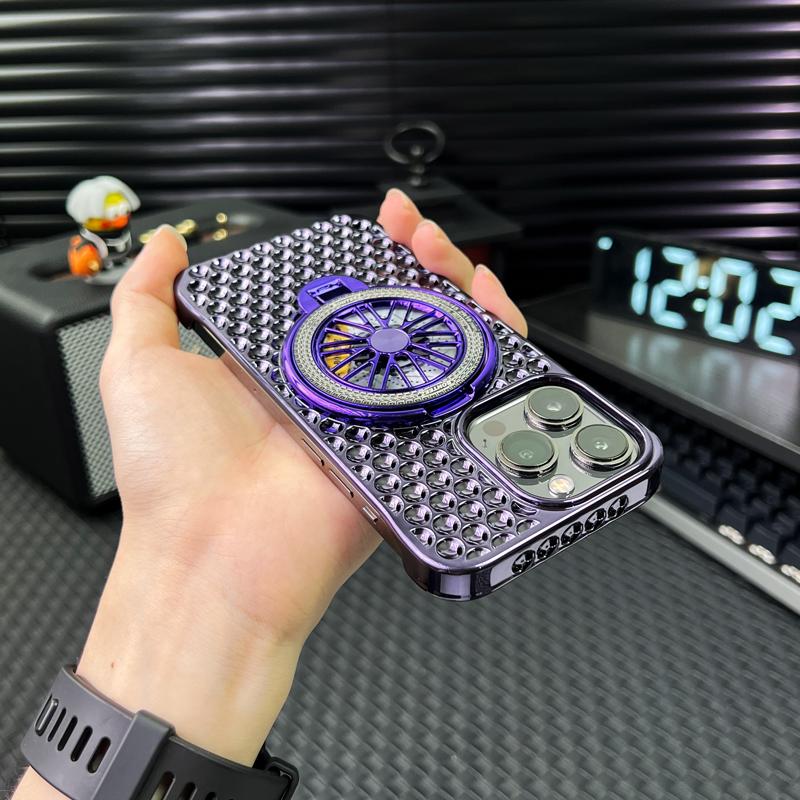 电镀陀螺支架冰感蜂窝散热透气防摔适用苹果15/14/13promax手机壳