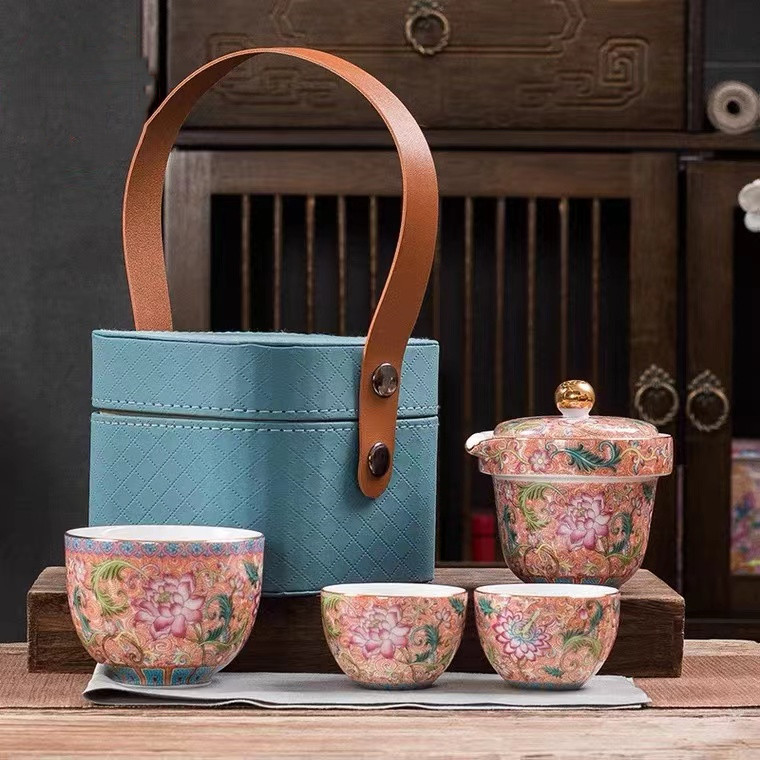 花开富贵珐琅彩手抓壶便携收纳包一壶三杯高端陶瓷快客杯旅行茶具