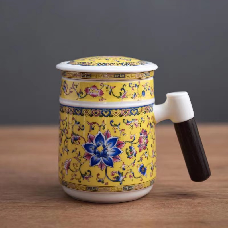 卓玉堂黄色珐琅彩木把茶水分离办公杯水杯