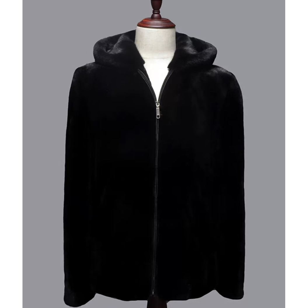金牌宝嘉美 水貂外套 男士短款 黑色连帽款 高端品质 平绒级男装