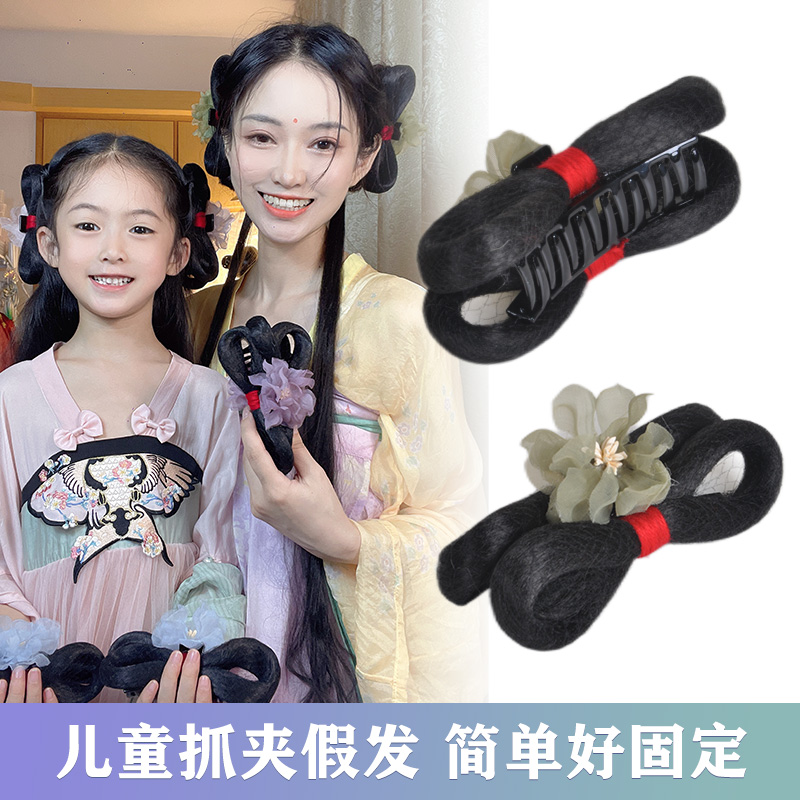 HAIR/春秋汉服假发可爱儿童抓夹假发手残党一体式女童蝴蝶结发髻
