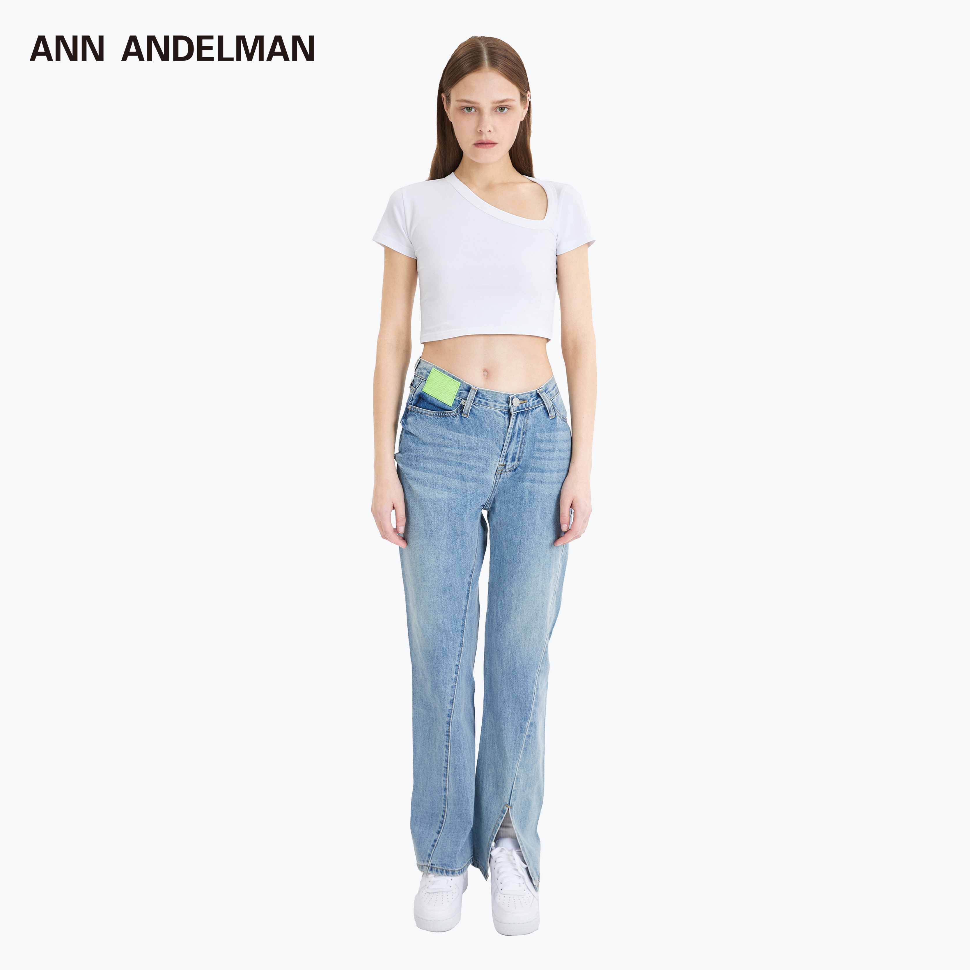 ANN ANDELMAN不对称扭曲微喇开叉显瘦修身牛仔裤 时尚休闲设计师