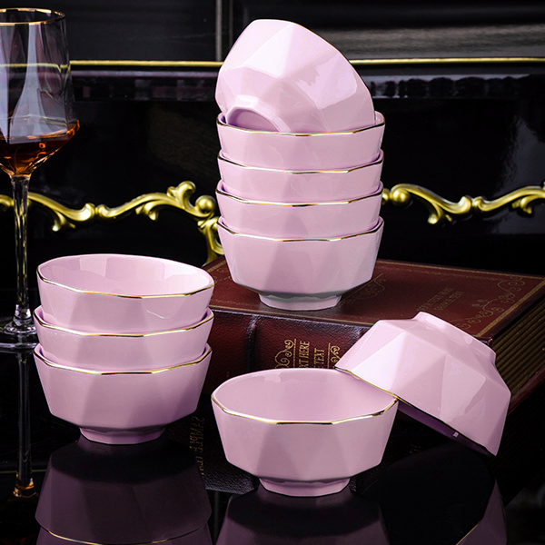 粉色钻石5英寸家用饭碗10个装景德镇陶瓷碗盘餐具欧式防烫吃饭