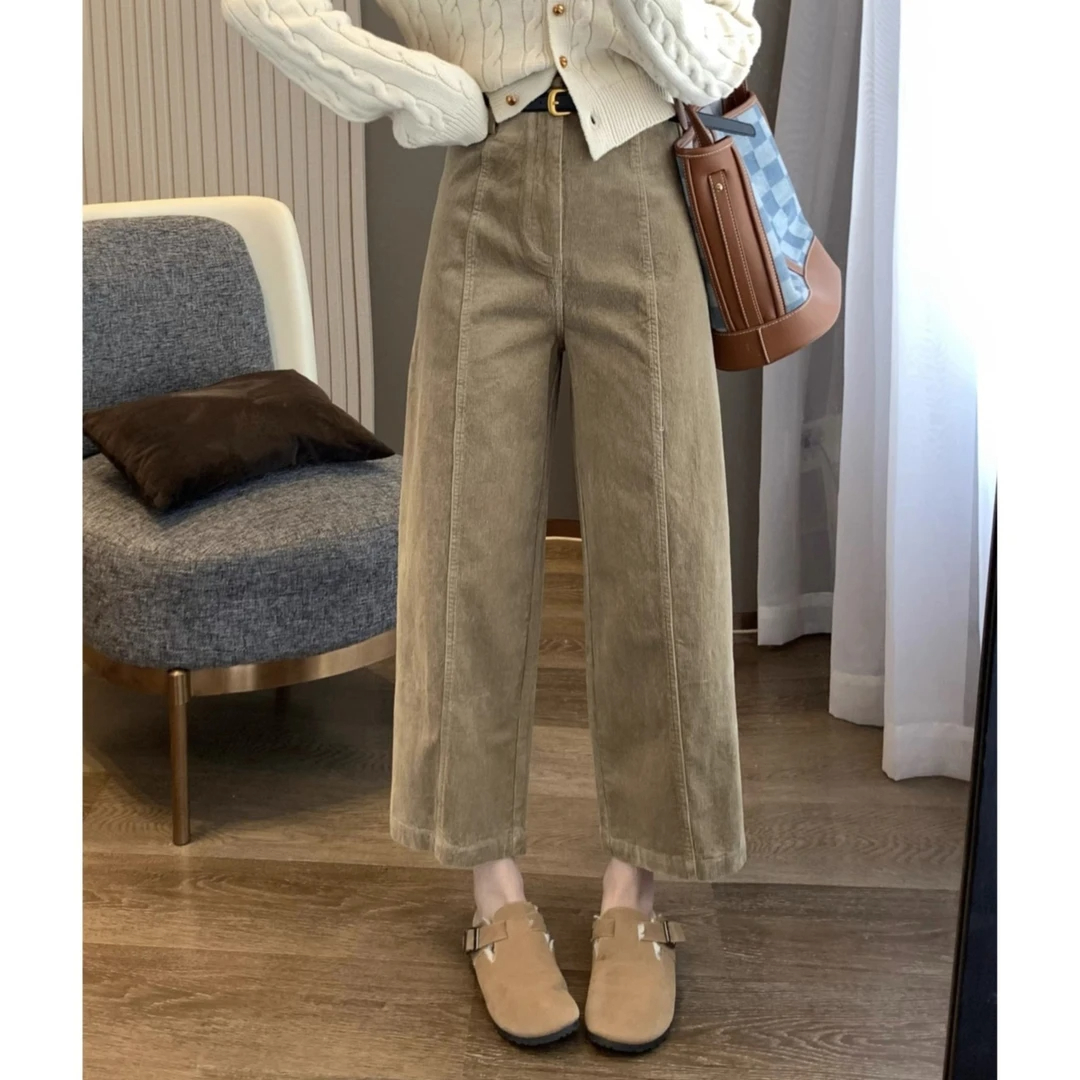 秋冬复古小个子百搭锥形灯芯绒直筒裤女胖mm显瘦休闲九分阔腿裤子
