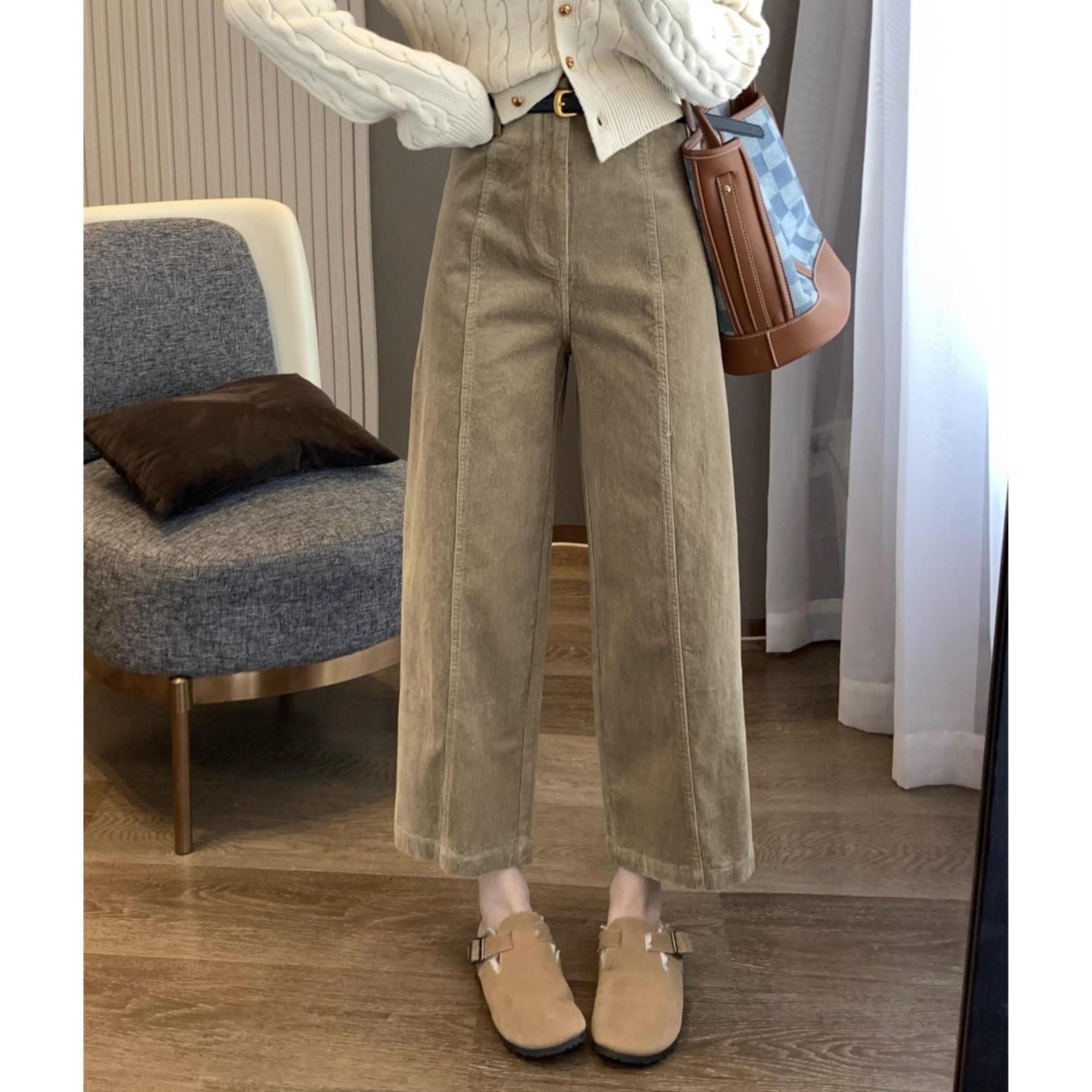 秋季加绒复古百搭锥形灯芯绒阔腿裤女大码显瘦小个子窄版直筒裤子