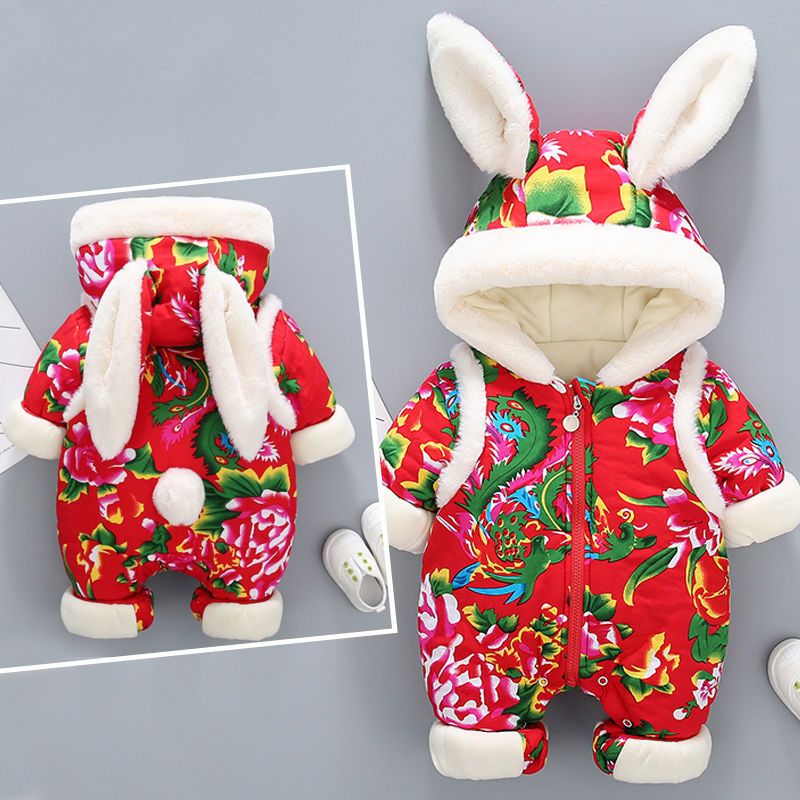 麦可爱麦可爱婴儿东北大花连体衣冬季拜年服新年装宝宝喜庆哈衣加