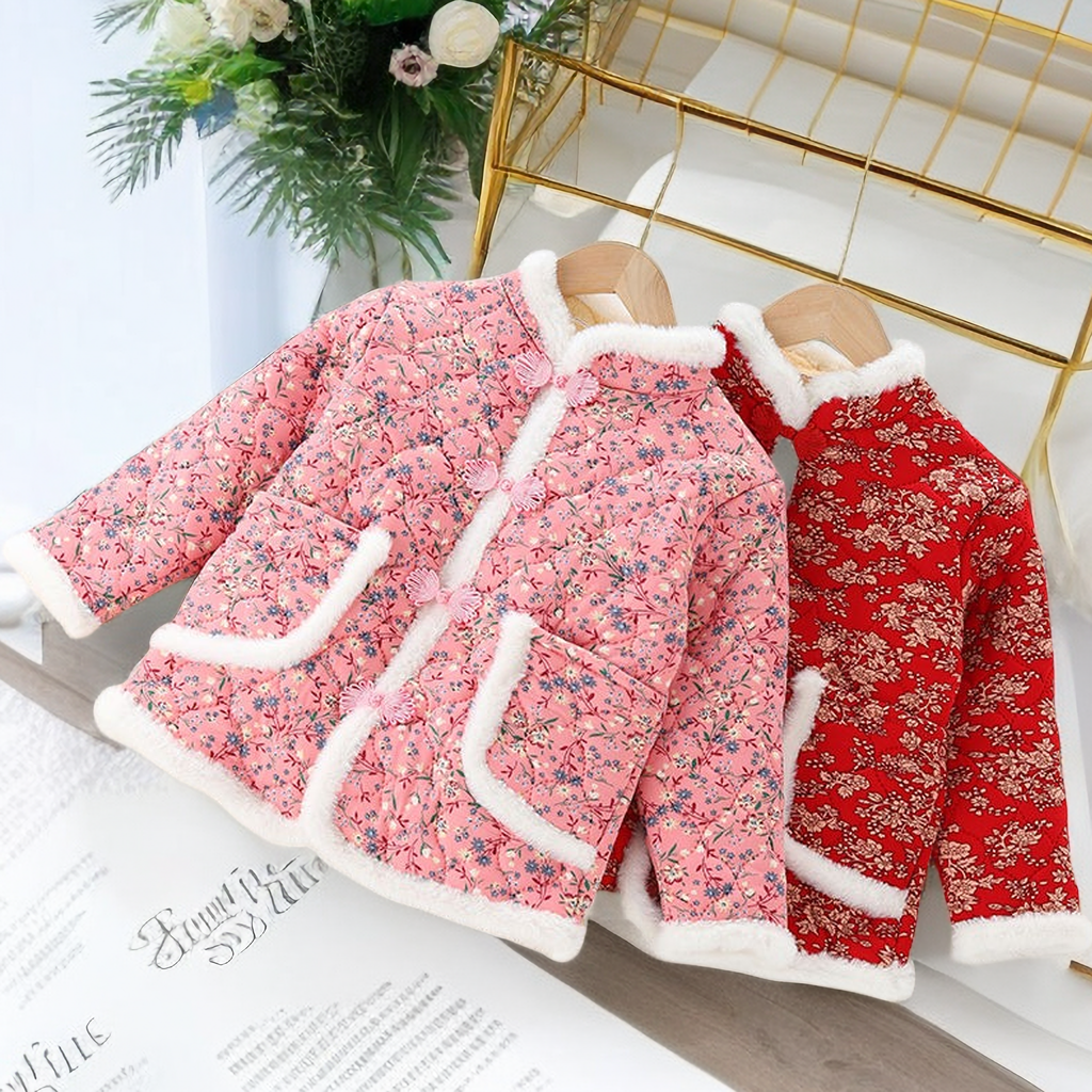 百搭东北大花袄女童秋冬季棉衣2023新款加绒加棉中大童网红中国风