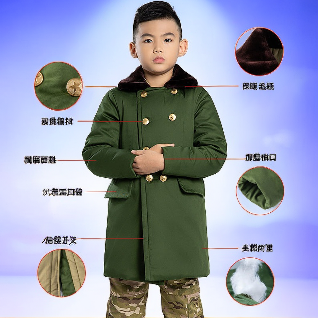 麦可爱东北儿童军棉大衣加厚保暖潮童宝宝棉袄冬季中长款大衣军绿