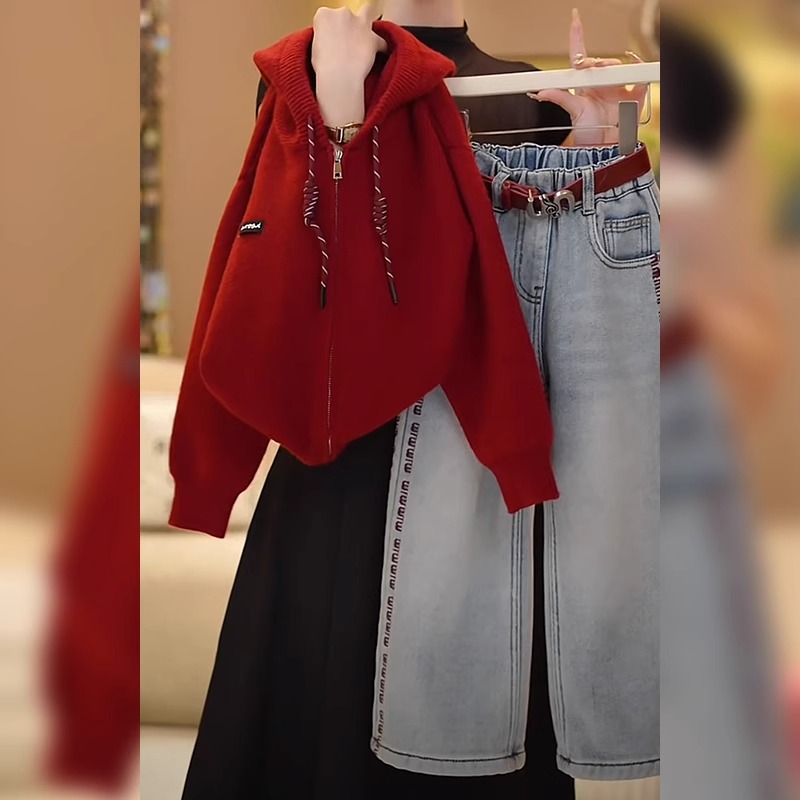 女童毛衣2025秋季新款中大童时尚红色拉链衫女孩连帽加厚针织衫潮