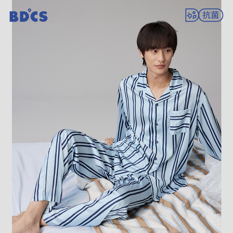 冰丝睡衣男士春秋款秋季长袖条纹大码高档可外穿男款仿真丝家居服