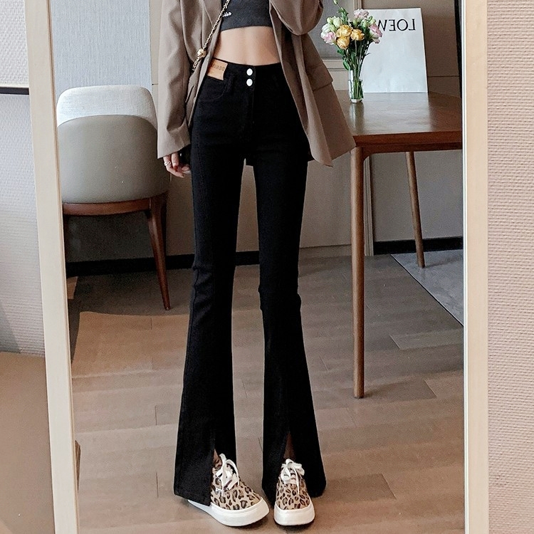 【加绒/不加绒】高腰开叉微喇裤女秋冬显瘦爆款休闲弹力黑色喇叭裤