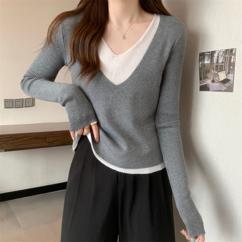 满天星罗纹秋冬新款宽松设计感长袖洋气百搭假两件内搭T恤针织