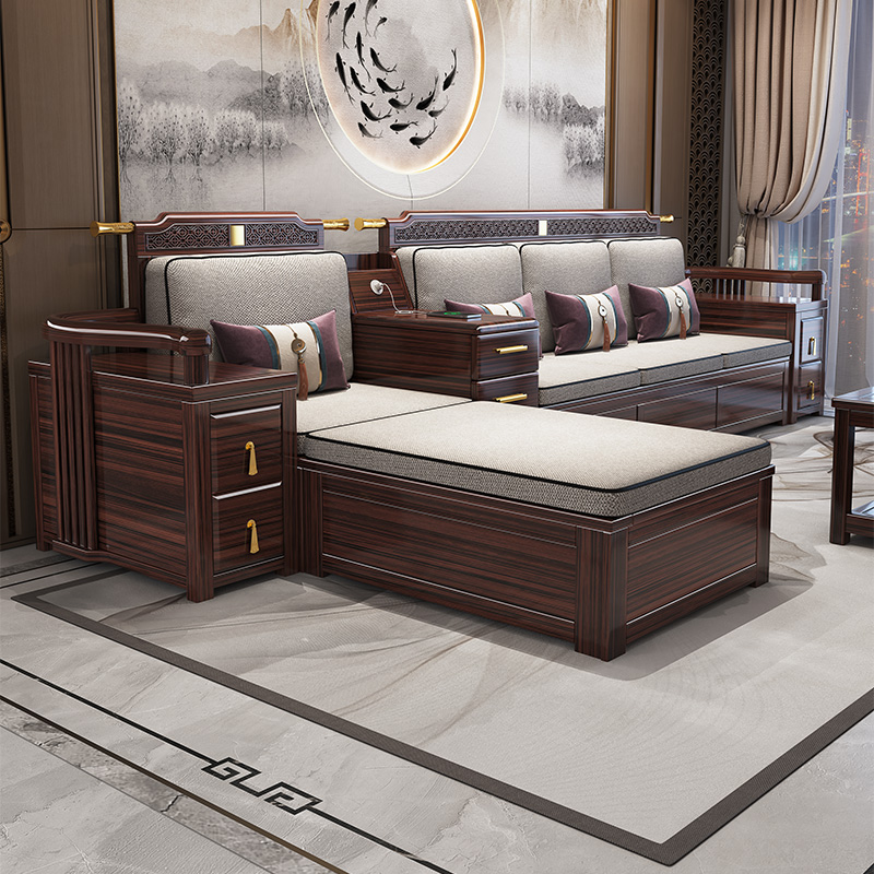 【新】乌金木高箱新中式沙发轻奢客厅家用简约两用别墅储物K240524