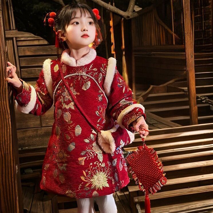 女童旗袍冬装2023新款儿童中国风唐装拜年服加厚夹棉小女孩连衣裙